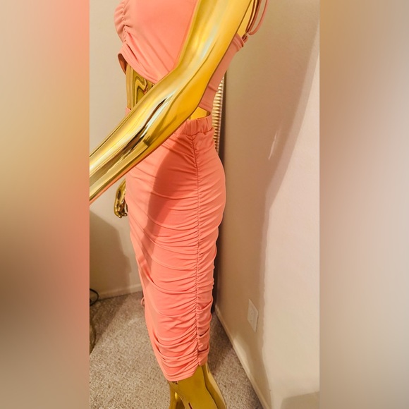 Pink 2 Piece Adjustable Ruched Midi Skirt Set, Crop Top, Preloved, Size Large - Picture 12 of 16